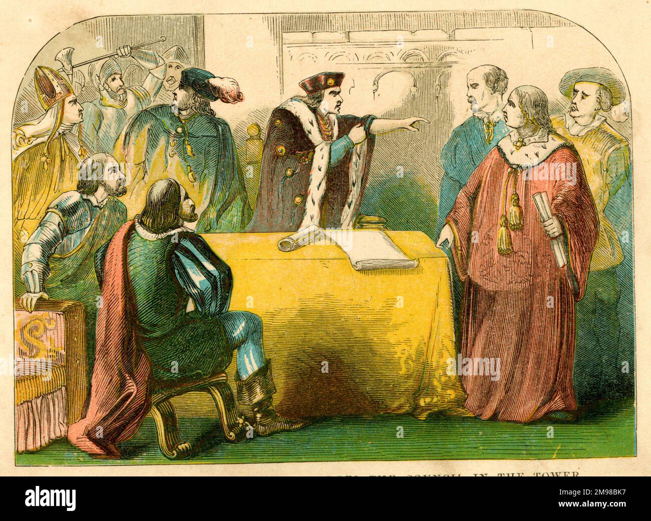 Il Duca di Gloucester (futuro Riccardo III) in una riunione del consiglio nella Torre di Londra, accusò Hastings e altri con tradimento. Foto Stock