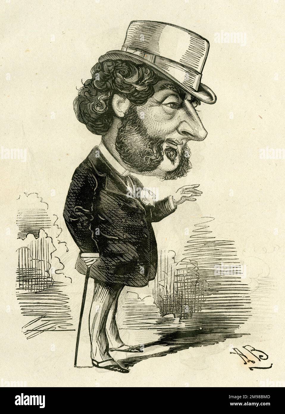 Cartoon, Richard Corney Grain (1844-1895), intrattenitore e cantautore, visto qui nel ruolo di Sir Plumley Partridge in Un Moss Rose Rent. Foto Stock