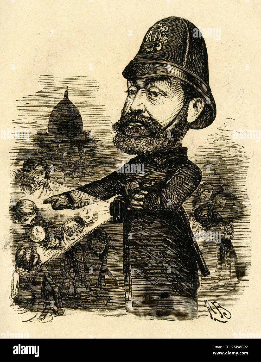 Cartone animato, George Robert Sims (1847-1922), giornalista, poeta, drammaturgo e romanziere inglese, visto qui vestito da poliziotto. Nonostante la sua salute incerta attraverso l'eccesso di indulgenza, era uno scrittore prolifico. La didascalia recita: Orribile Londra! Foto Stock
