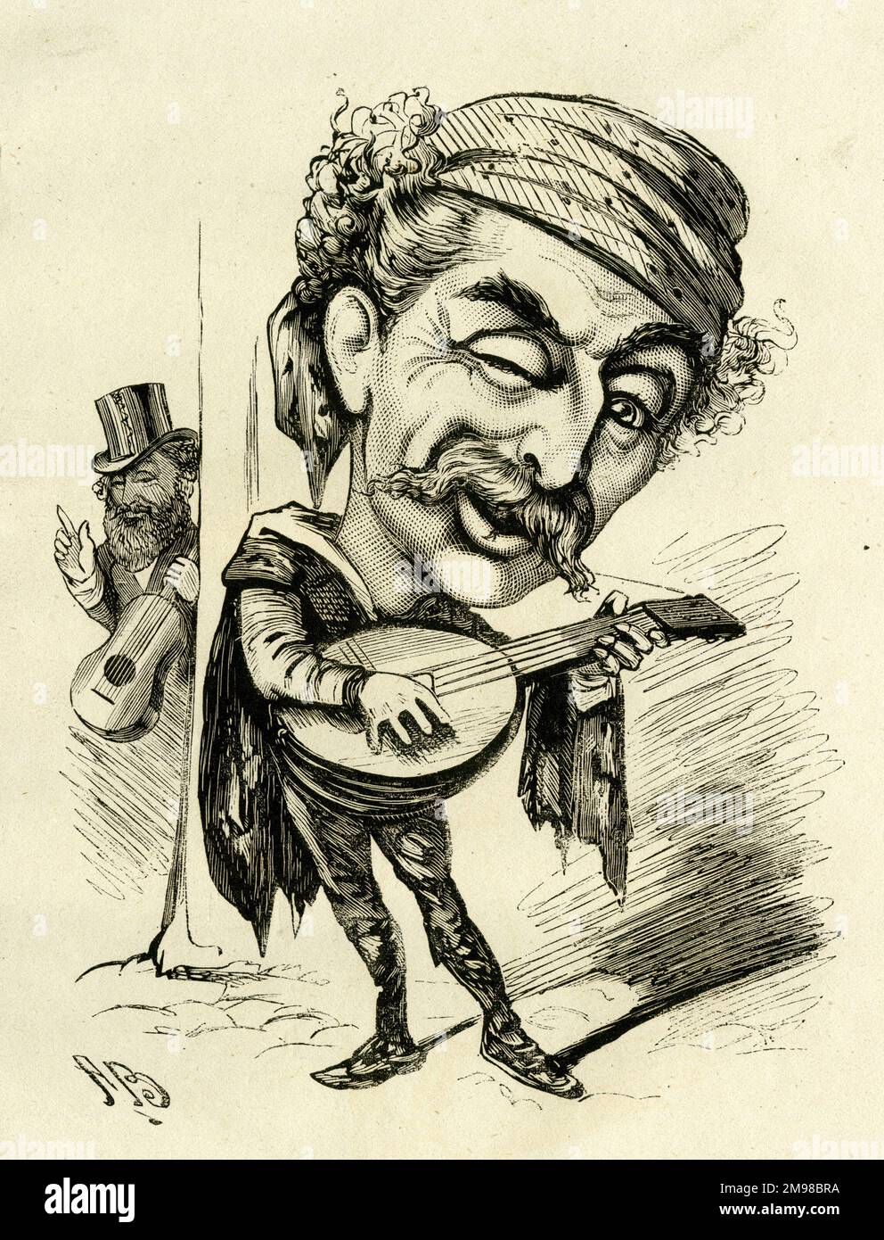 Cartone animato, Monsieur Jacobi, direttore del teatro (sullo sfondo) -- avevo impegnato a dare a quelle persone un assaggio del Beggar Student, e ora c'è Alexander Henderson sullo stesso lavoro! Un commento su una produzione di Der BettelStudent, un'operetta tedesca a tre atti che ha debuttato a Vienna nel 1882. La produzione al Teatro Alhambra di Londra, nel 1884, comprendeva un grande balletto militare di Jacobi. Henderson, proprietario e regista del teatro, è in costume in primo piano, suonando un mandolino. Foto Stock