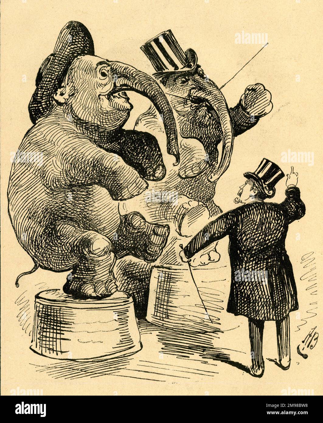Cartoon, un ringmaster con due elefanti che si esibiscono -- quello con i baffi lunghi e sottili è il direttore del teatro William Holland. Foto Stock