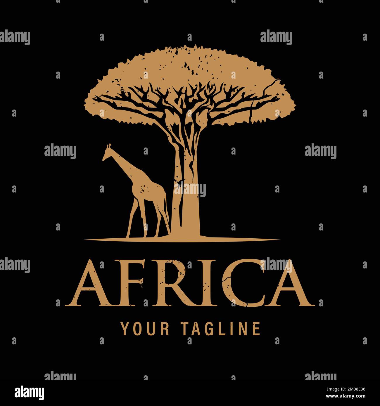 Safari Wildlife Logo design ispirazione vintage silhouette African Giraffe e albero. Disegno semplice del vettore del deserto africano sul più tardi scuro Illustrazione Vettoriale