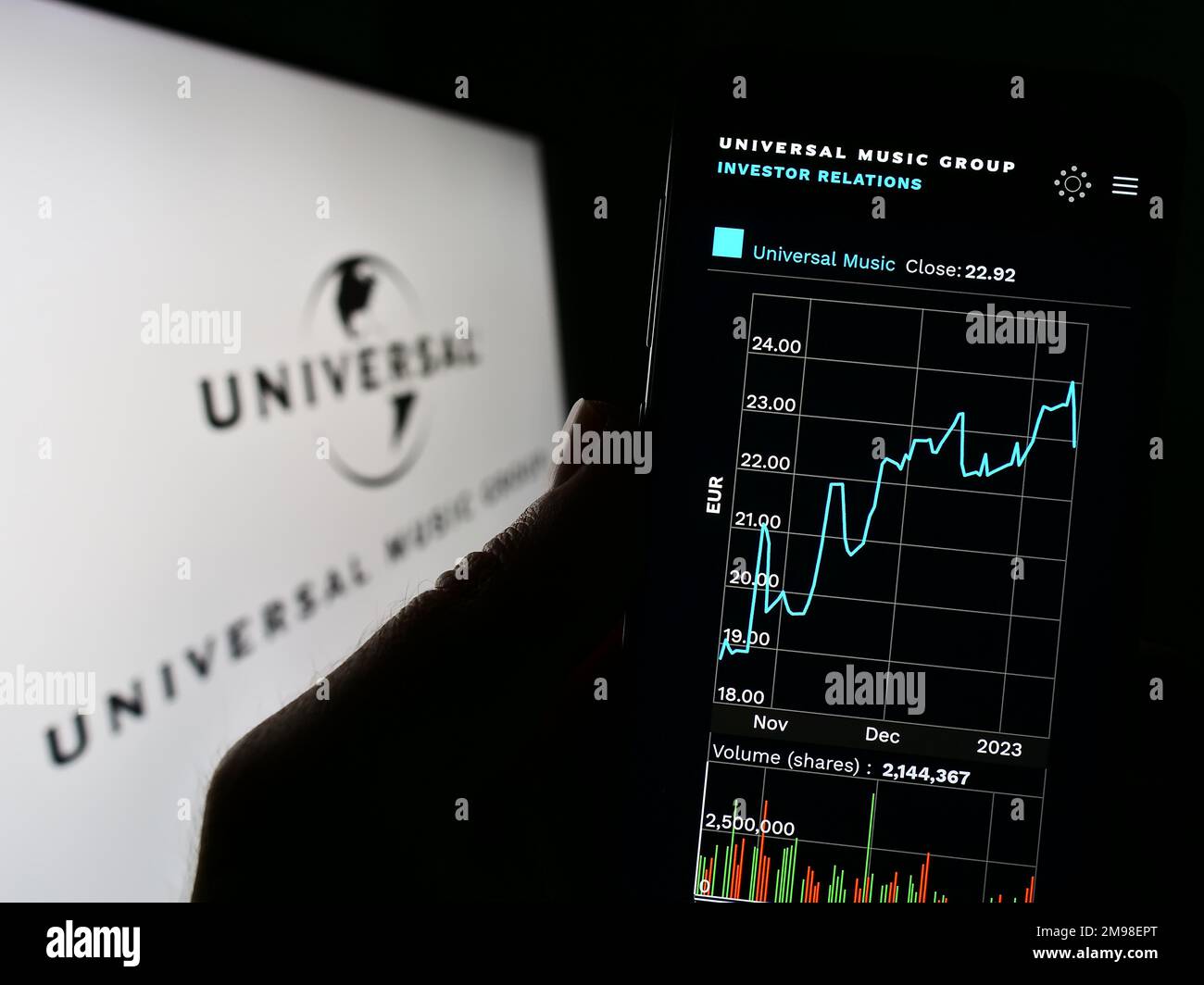 Persona in possesso di cellulare con pagina web della società Universal Music Group N.V. (UMG) sullo schermo davanti al logo. Messa a fuoco al centro del display del telefono. Foto Stock