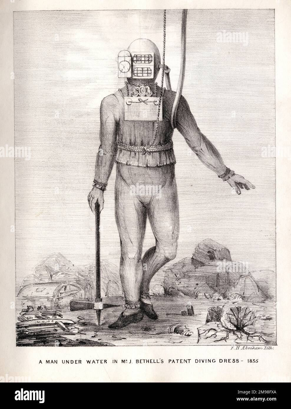 Un uomo sotto l'acqua nel vestito diving di brevetto del sig. John Bethell 1835. F. H. Lithograph Abraham Foto Stock