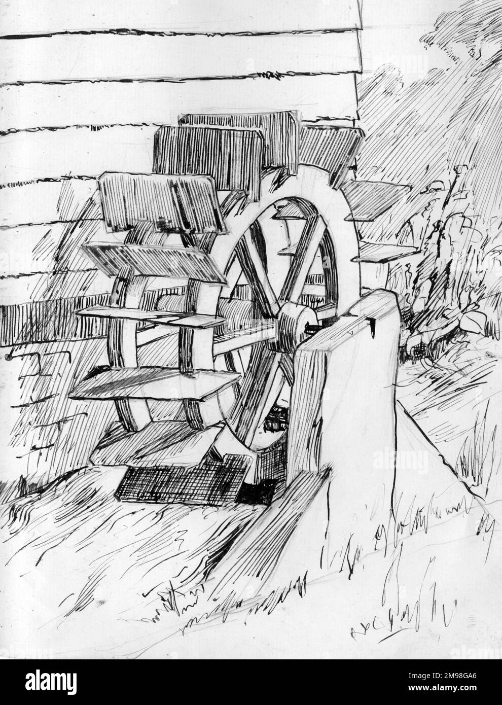 Disegno a penna e inchiostro di Harold Auerbach, waterwheel e ruscello. Foto Stock