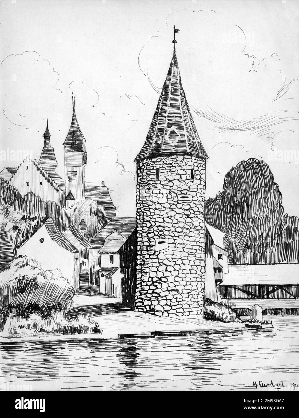 Disegno a penna e inchiostro di Harold Auerbach, Brembarten, Argovia, Svizzera. Foto Stock