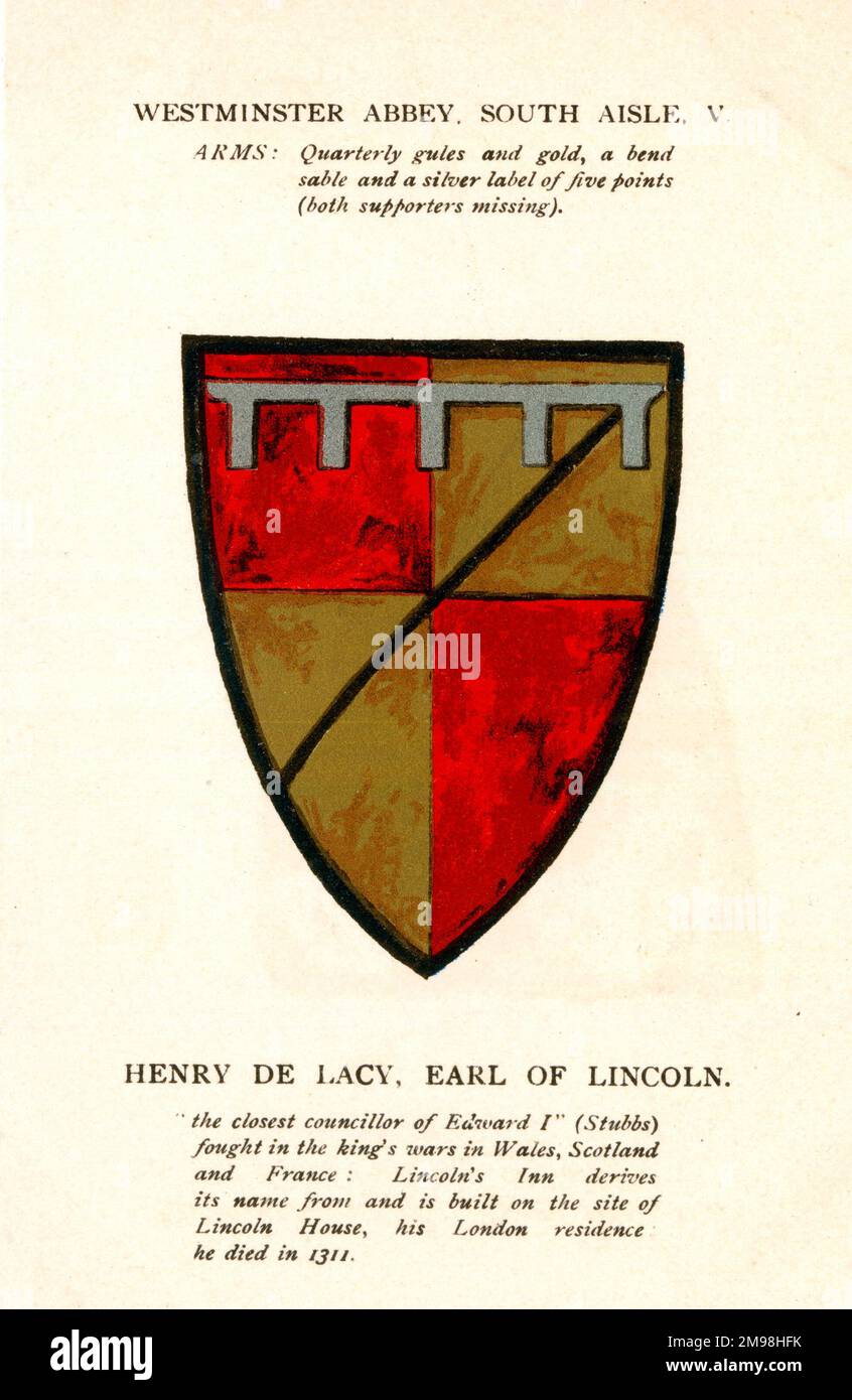Arms araldici, Abbazia di Westminster, Londra - South Aisle, V - Henry de Lacy, Conte di Lincoln. Foto Stock