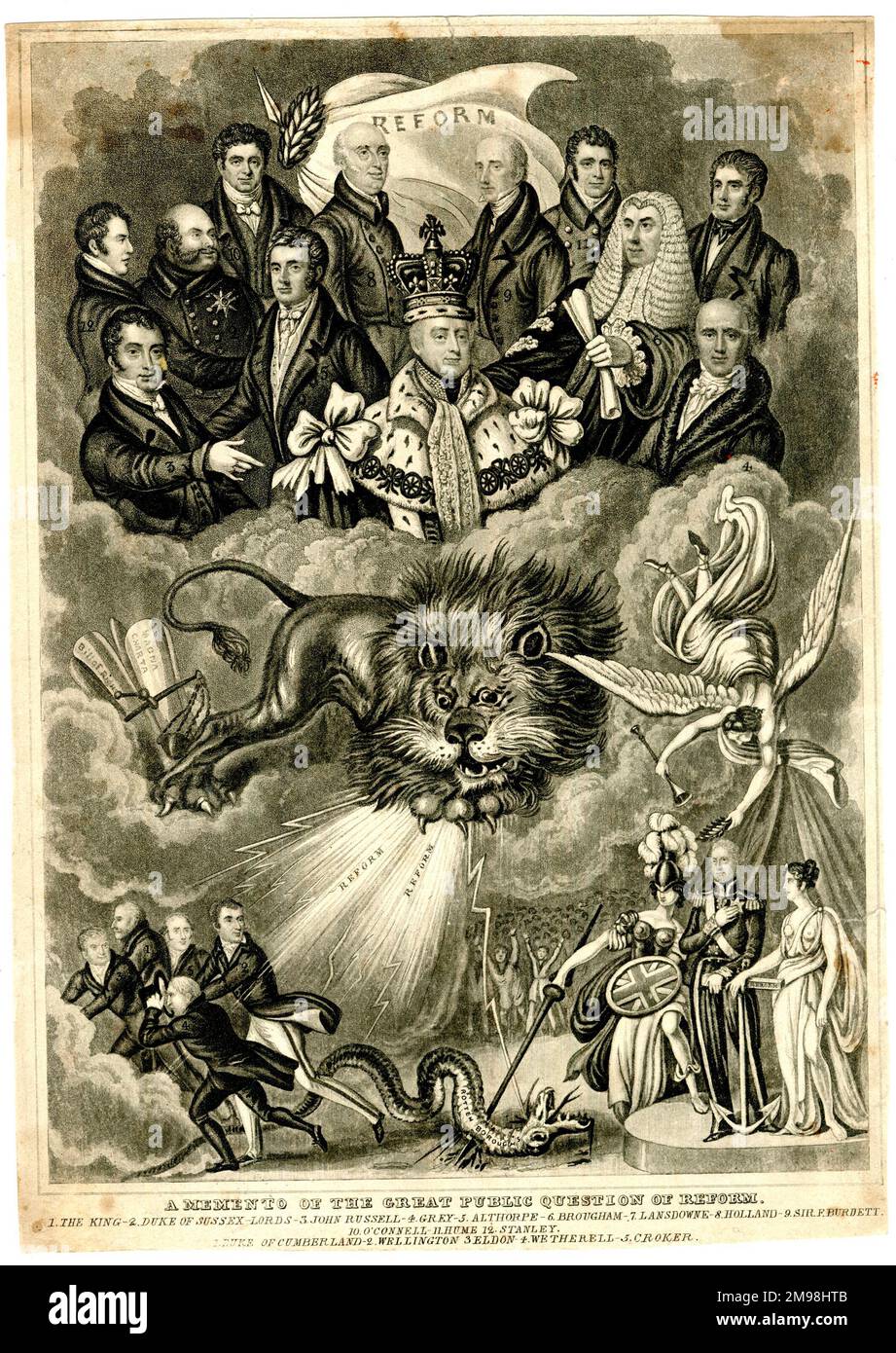 Disegno di legge di riforma - Un memento della grande questione pubblica di riforma - mostrando il re Guglielmo IV, il duca di Sussex, il Signore John Russell, il Signore grigio (primo ministro), il Signore Althorpe, il Signore Brougham, il Signore Lansdowne, il Signore Olanda, Sir Francis Burdett, o'Connell, H Hume, Stanley, Duca di Cumberland, Duca di Wellington, Eldon, Wetherall, Croker, Britannia, Il Leone britannico e un drago sconfitto che rappresenta i quartieri marcio. Foto Stock
