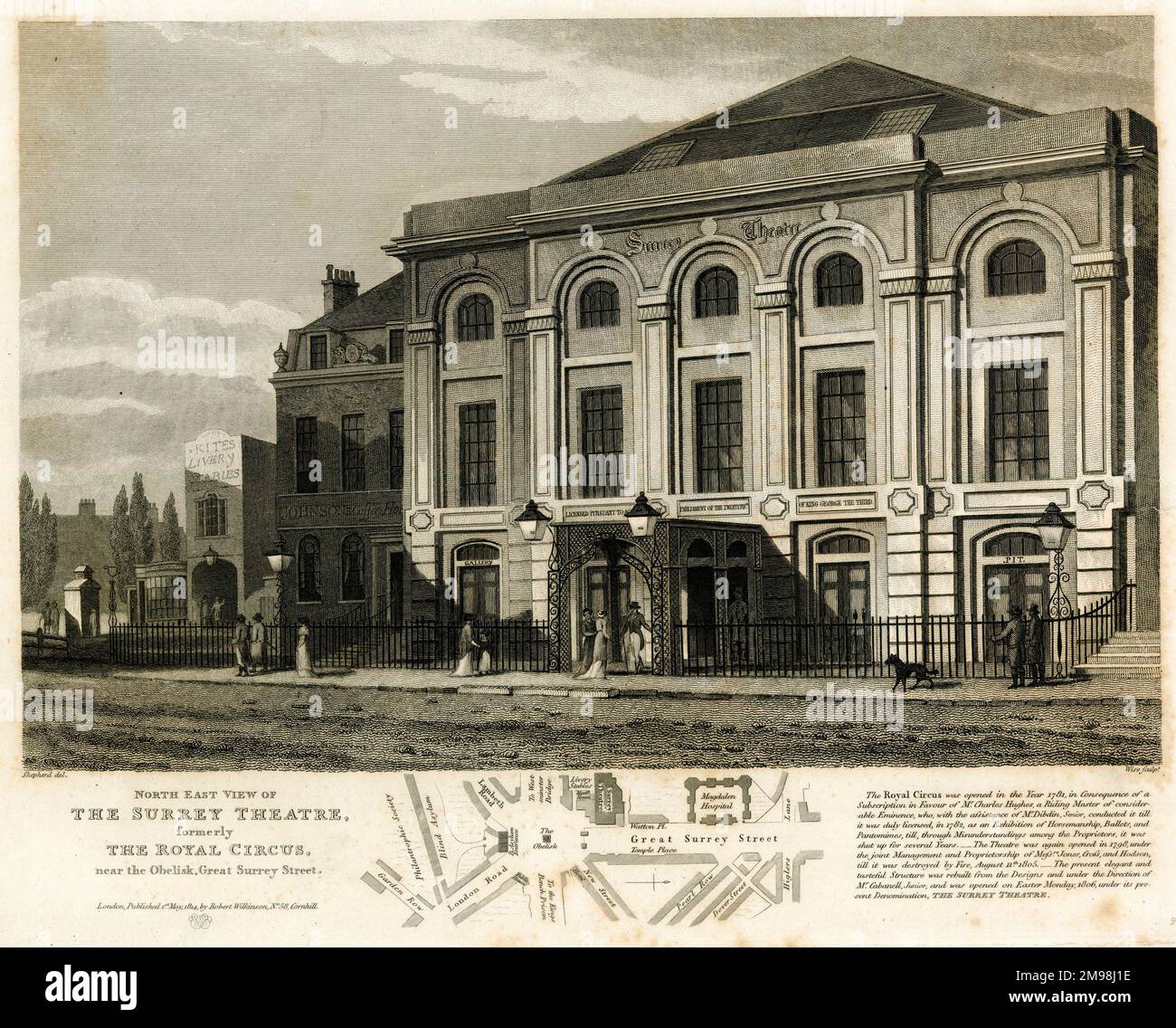 Il Surrey Theatre (ex Royal Circus), Great Surrey Street, Londra, con una mappa qui sotto. Foto Stock