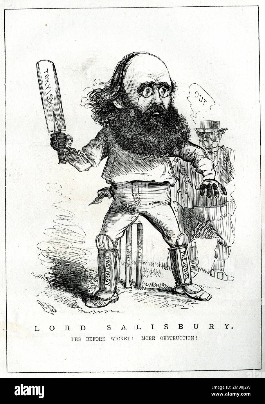 Cartoon, Lord Salisbury, primo ministro conservatore, come battitore -- John Bull come umpire lo chiama 'fuori', dicendo gamba prima di Wicket! Più ostruzione! Foto Stock