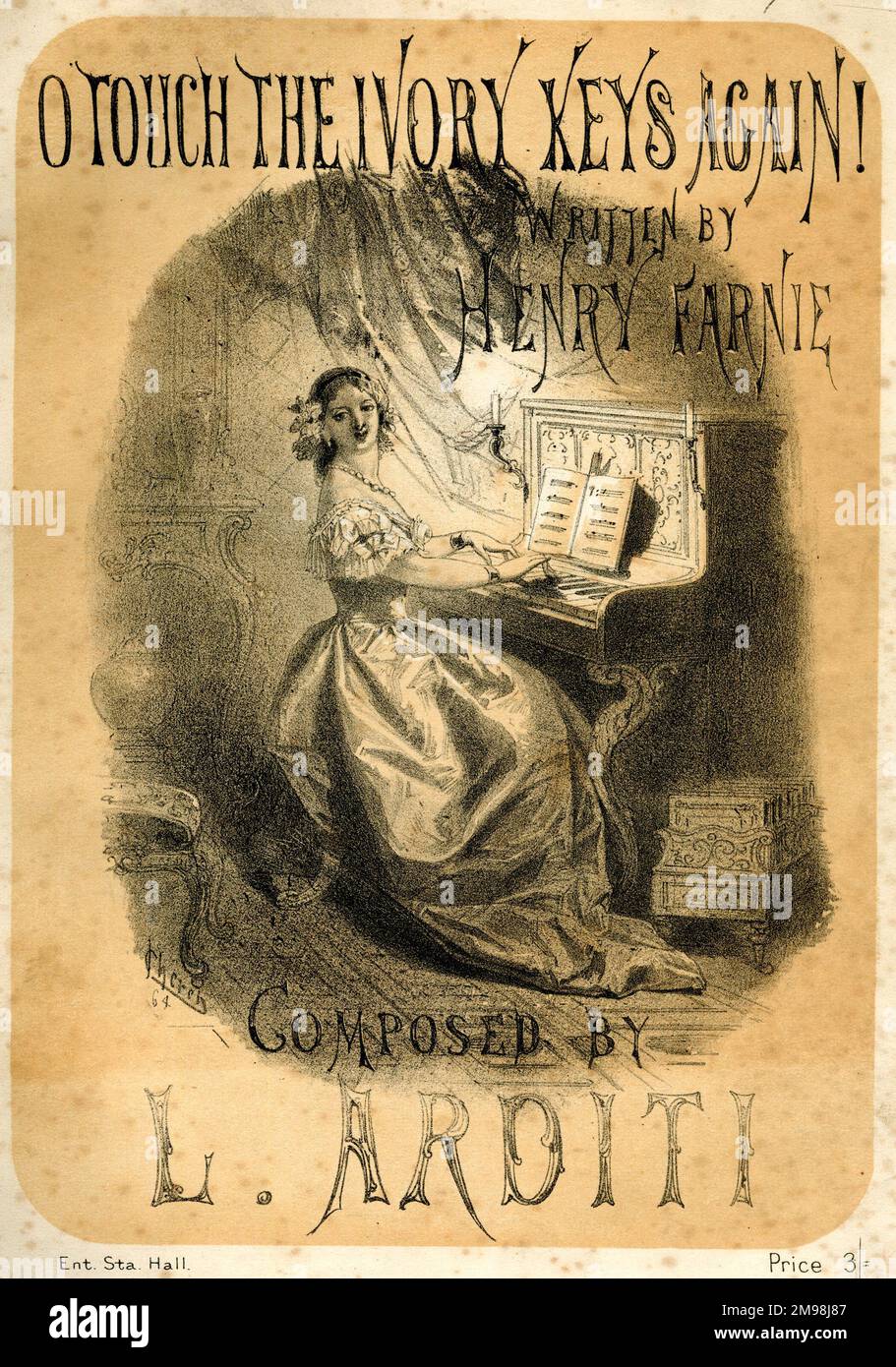 Copertina musicale, o Touch the Ivory Keys Again, parole di Henry Farnie, musica di Luigi Ardisti. Raffigurante una donna che gioca a una tastiera. Foto Stock
