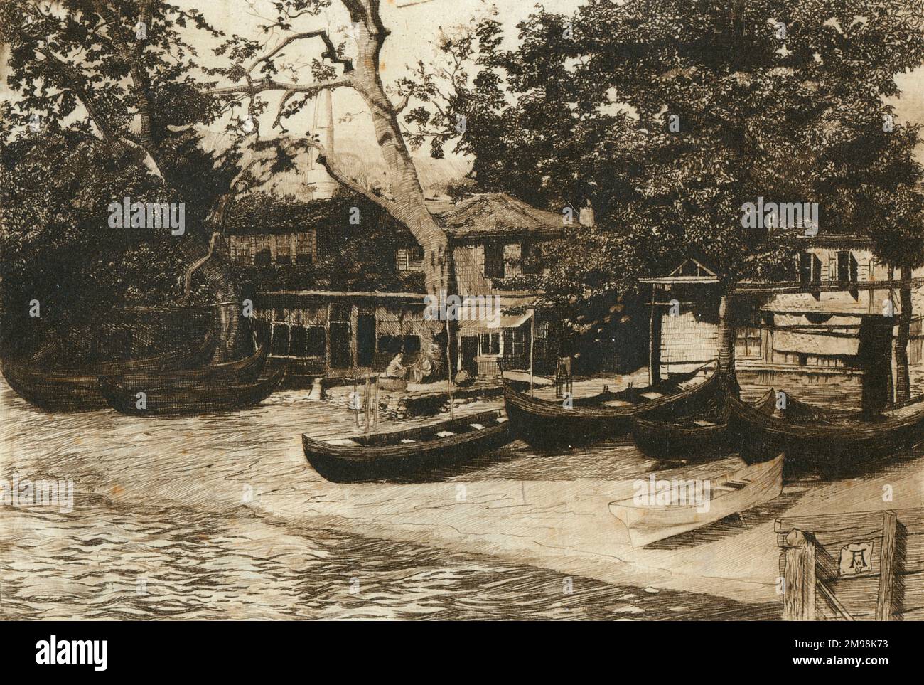 Acquaforte di Willy Auerbach, scena sul mare con barche. Foto Stock