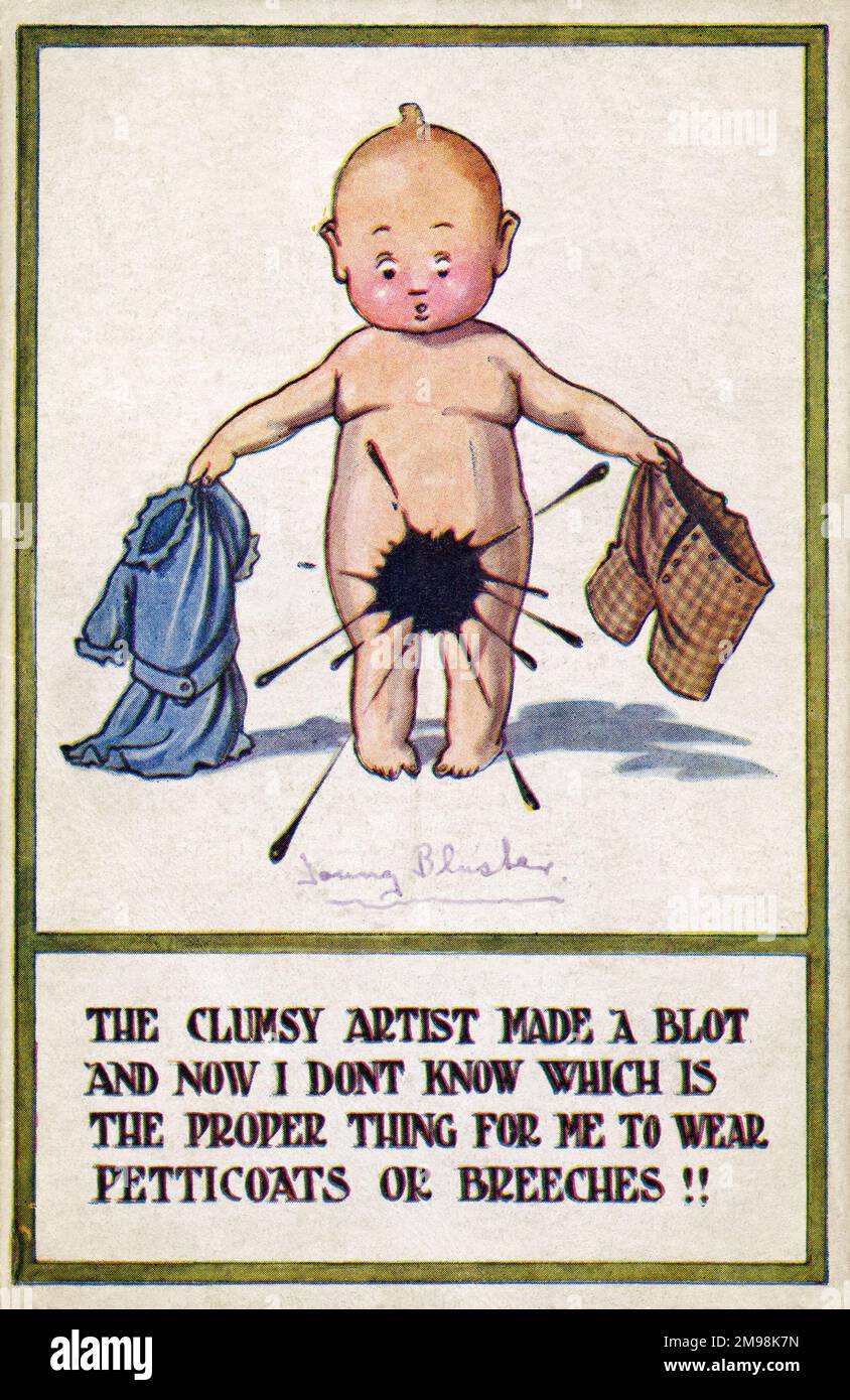 Bambino su una cartolina comic -- l'artista clumsy ha fatto una macchia ed ora non so quale è la cosa giusta affinchè me porti, i petticoats o le braghe!! Foto Stock