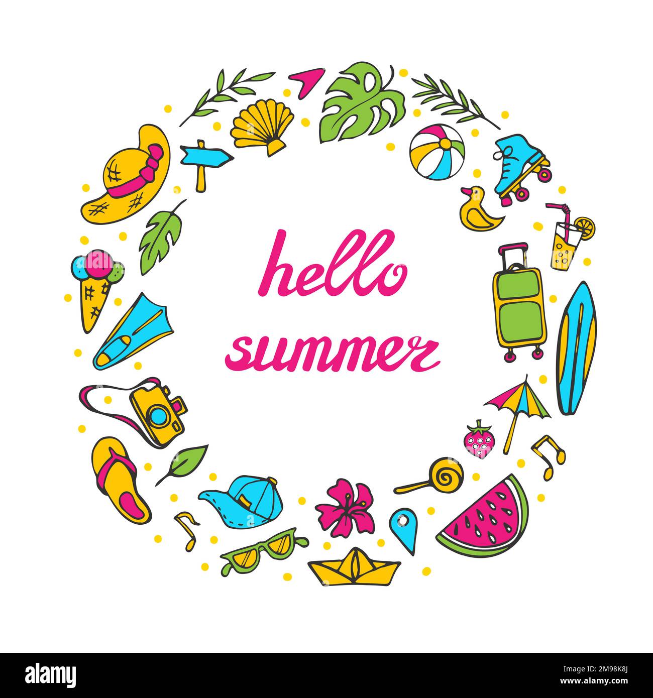 Estate simboli doodle clipart. Composizione del tema circolare Illustrazione Vettoriale