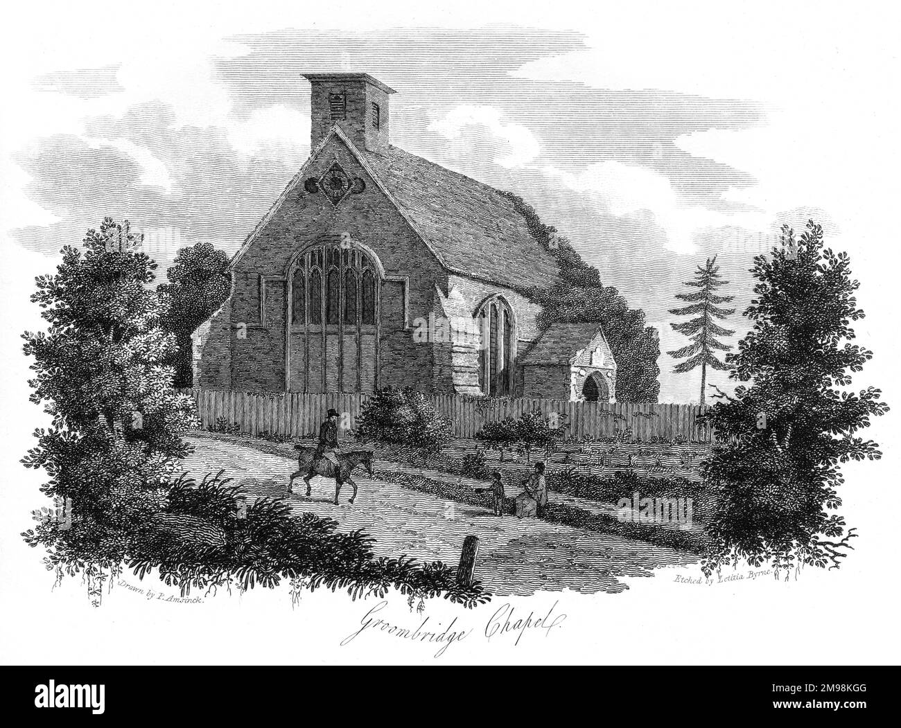 Groombridge Chapel (San Giovanni), Tunbridge Wells, Kent -- un'iscrizione sul portico commemora (in latino) il ritorno del principe Carlo (in seguito re Carlo i), che aveva viaggiato in Spagna nel 1623 per sposare la figlia del re. Il suo piano non ebbe successo, e tornò non sposato: La cappella fu costruita come ringraziamento per questo, e fu completata nel 1625. Foto Stock