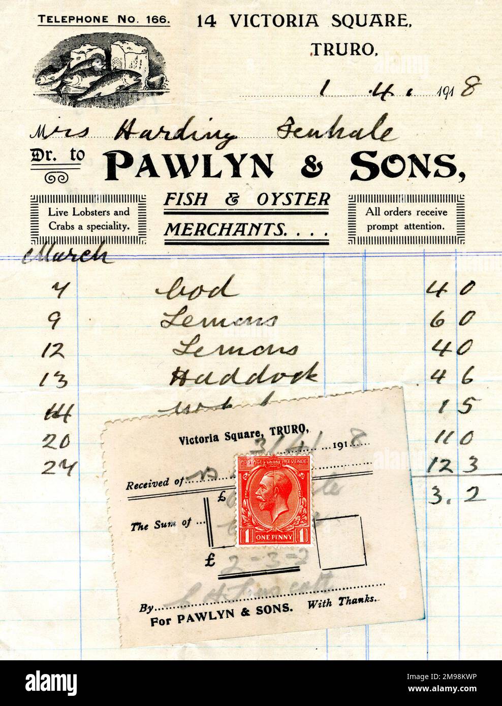 Cancelleria, Pawlyn & Sons, Fish & Oyster Merchants, 14 Victoria Square, Truro, Cornwall, con dettagli scritti a mano. Foto Stock