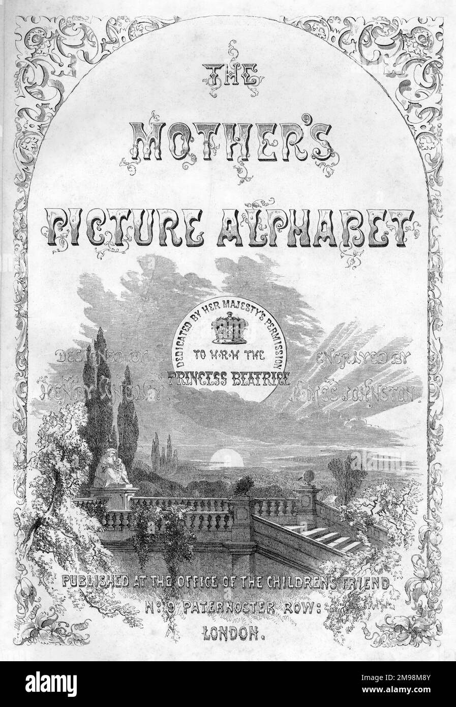 Pagina del titolo, l'alfabeto della Madre, dedicato dal permesso di sua Maestà a S.A.R. la Principessa Beatrice, disegnata da Henry Anelay, incisa da James Johnston. Foto Stock