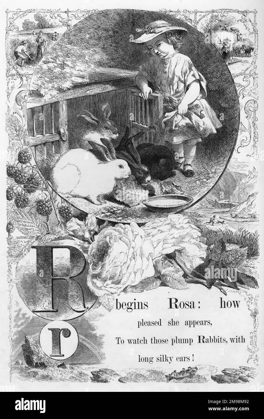 L'alfabeto dell'immagine della Madre -- R, che mostra una ragazza chiamata Rosa con conigli e rose. Foto Stock