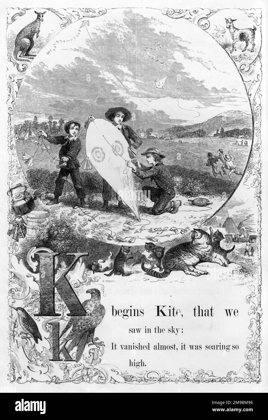 L'Alfabeto delle immagini della Madre -- K, che mostra tre ragazzi che volano un aquilone. Foto Stock