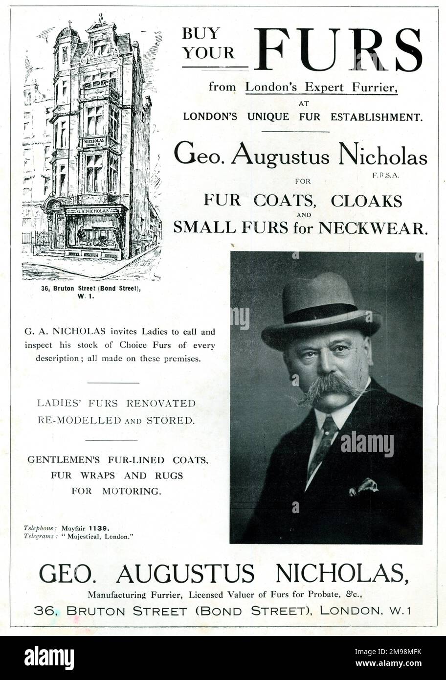 Pubblicità, George Augustus Nicholas, 36 Bruton Street, Londra W1, esperto di Londra Furrier. Foto Stock