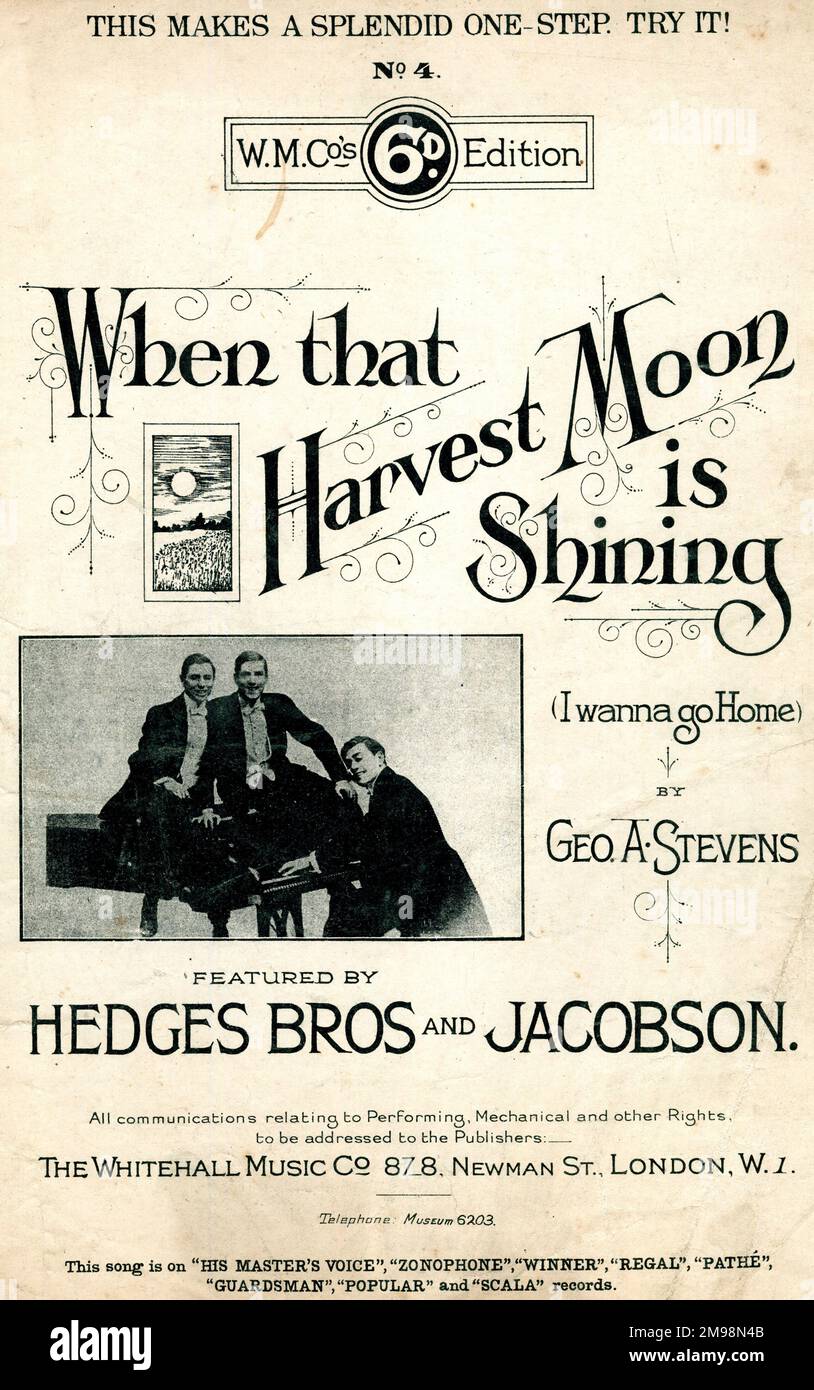 Copertina musicale, When that Harvest Moon is Shining, i wanna go Home, di George A Stevens, con Hedges Bros e Jacobson. Foto Stock