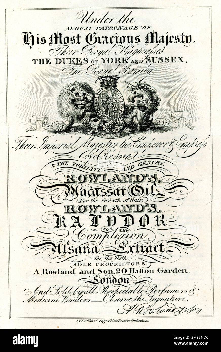 Advert, A Rowland and Son, Hatton Garden, Londra, per Macassar Oil e altri prodotti. Foto Stock