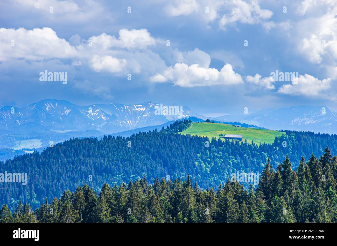 Paesaggio pittoresco e zona rurale nel Allgaeu occidentale intorno al comune di Scheidegg vicino a Lindau, Baviera, Germania. Foto Stock
