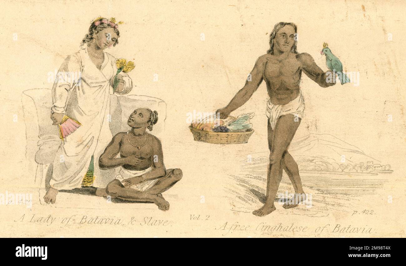 Una Signora di Batavia e Slave, e un Cingalese libero di Batavia con uccello e cesto di frutta. Foto Stock