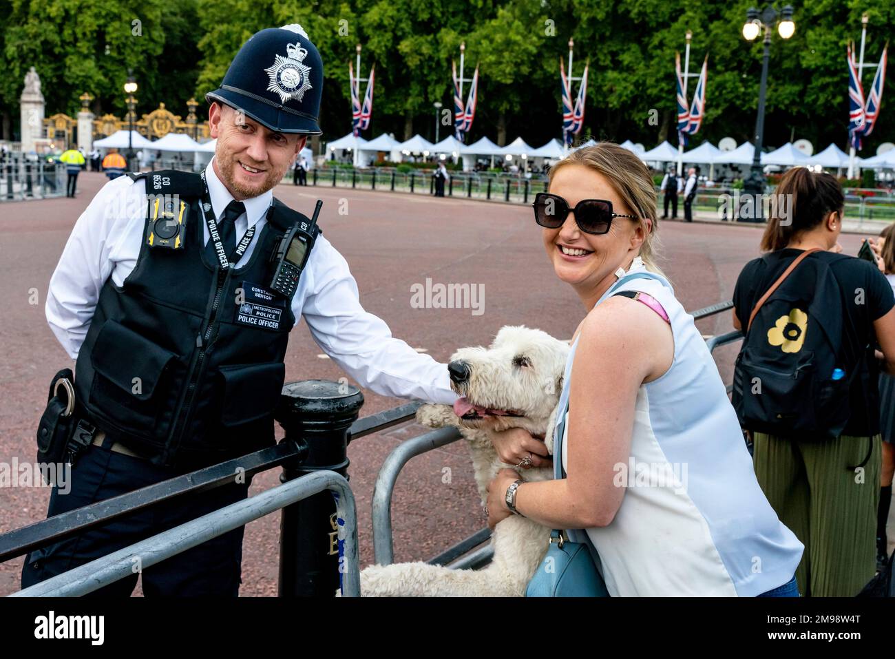 Un ufficiale di polizia che accarezzava Un cane da compagnia, Buckingham Palace, Londra, Regno Unito. Foto Stock