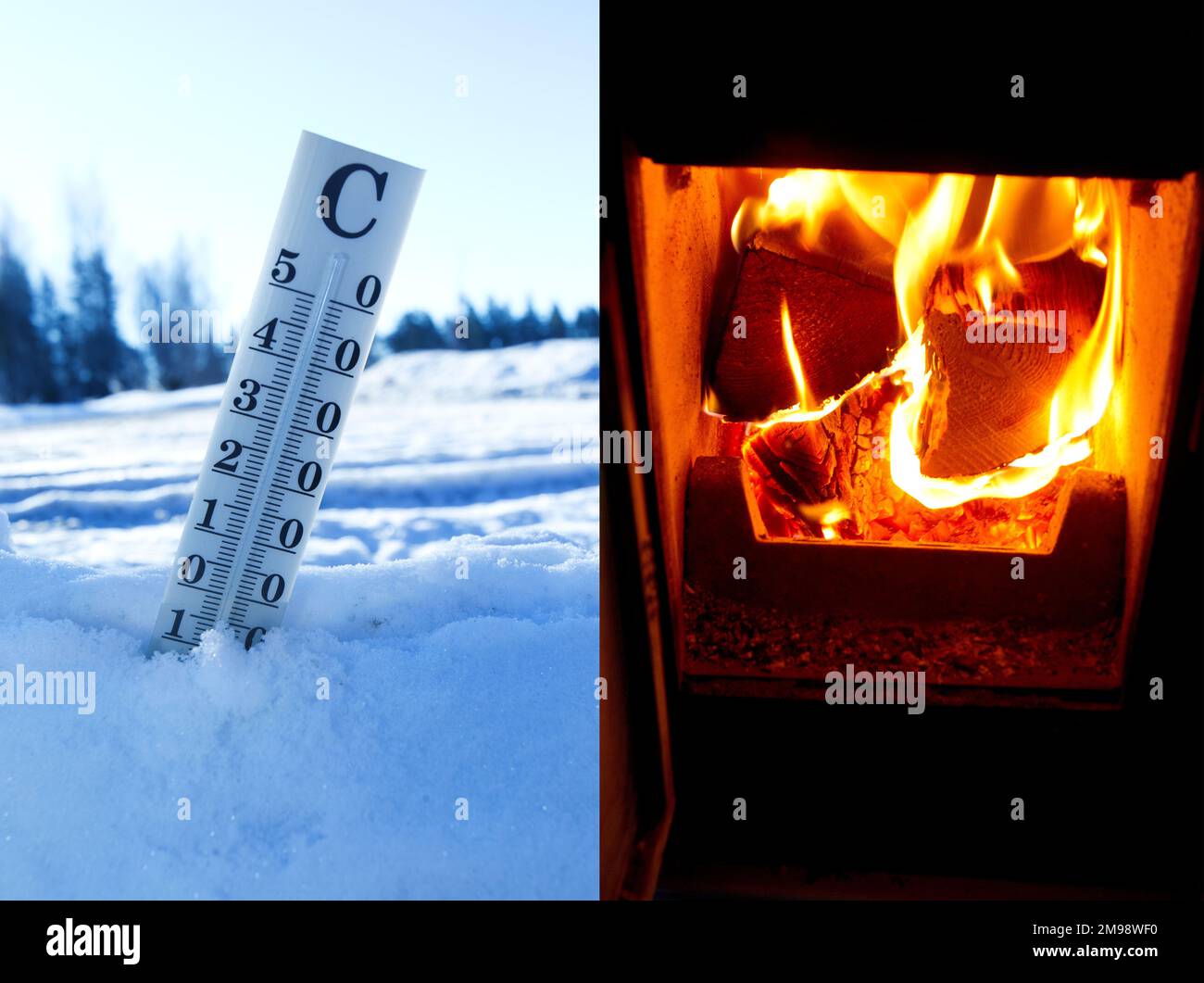 Immagine combinata di freddo e caldo. A sinistra: Termometro nella neve e legno in stufa a legna. Foto Stock