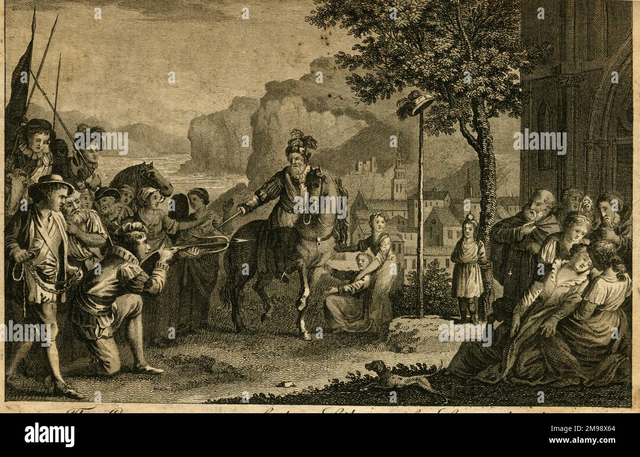 Guglielmo Tell, inizio della libertà di Svizzera - la famosa scena in cui Tell spara una mela sulla testa del figlio. Foto Stock