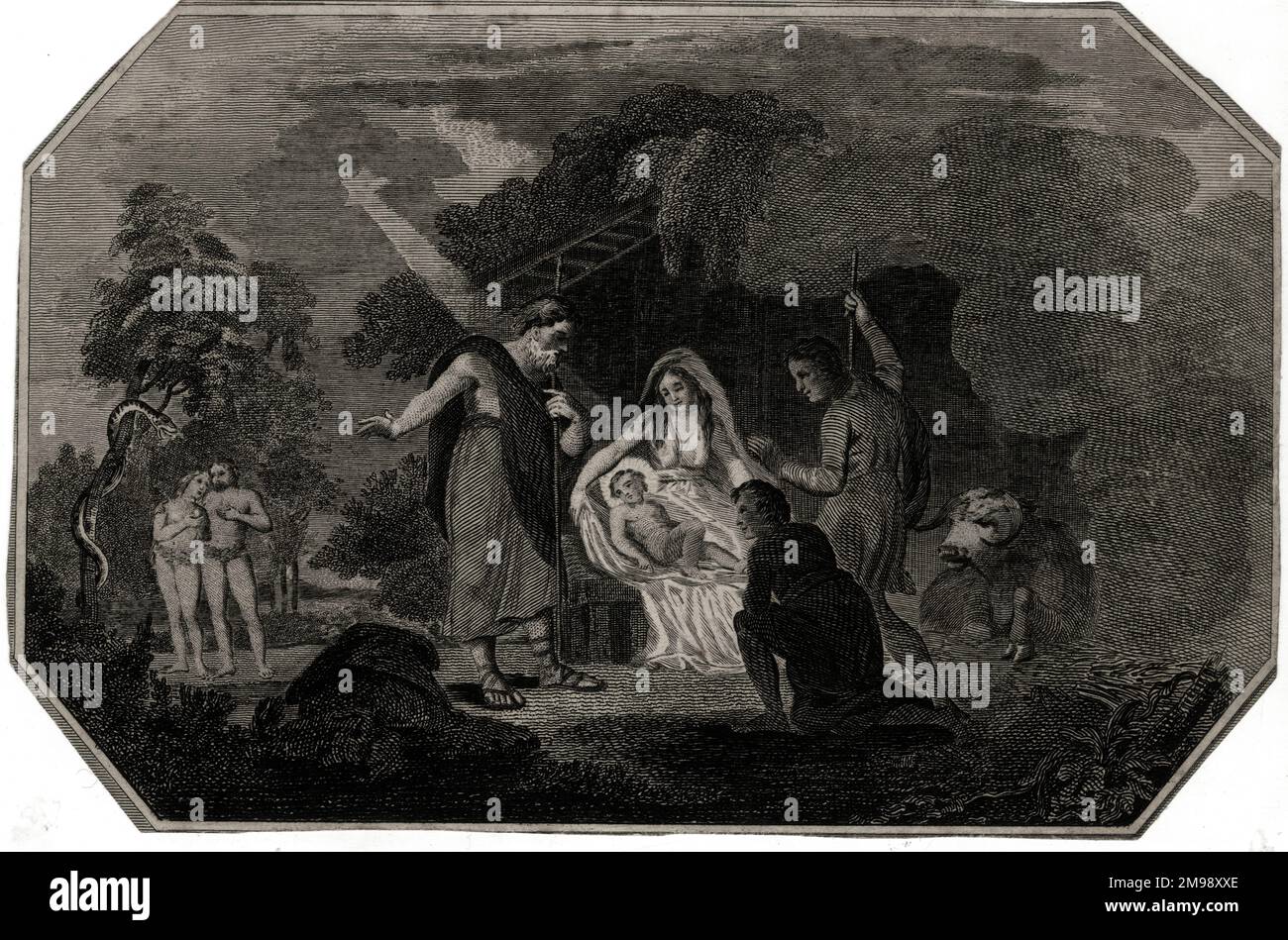 Storie bibliche dell'Antico e del nuovo Testamento - una scena natività al centro con Adamo ed Eva in lontananza a sinistra. Foto Stock