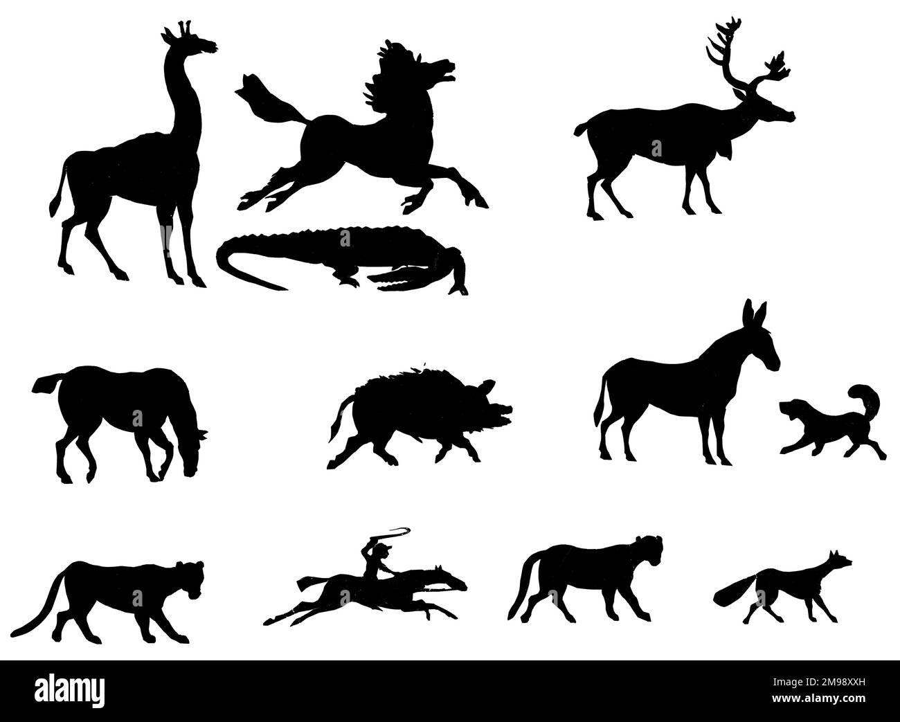 Silhouette di animali, comprese una giraffa, un coccodrillo, un cavallo, un pugnale, un asino, e un jockey a cavallo. Foto Stock