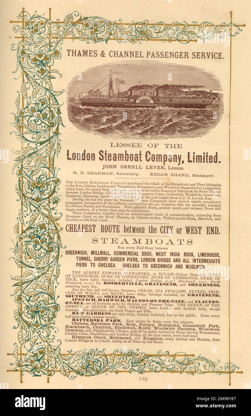 Advert, Thames & Channel Passenger Service, London Steamboat Company Limited, per barche a vapore che chiamano in vari punti lungo il Tamigi a Londra e in luoghi più lontani in Essex, Kent e Surrey. Foto Stock