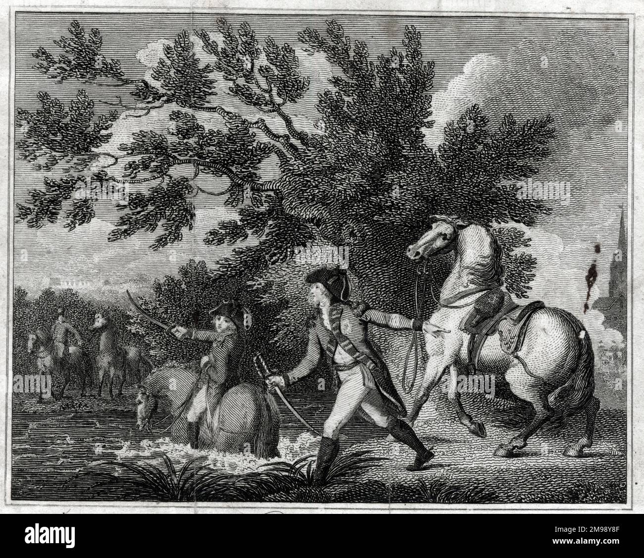 Fuga stretta del Principe Federico, Duca di York e Albany (1763-1827) che guadi attraverso un ruscello dopo la Battaglia di Tourcoing, 18 maggio 1794. Foto Stock