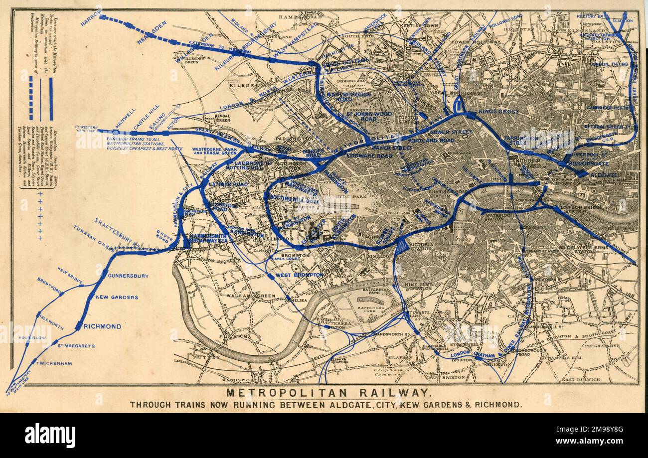 Mappa, Metropolitan Underground Railway, servendo Aldgate, Città, Kew Gardens, Richmond e altre località di Londra. Foto Stock