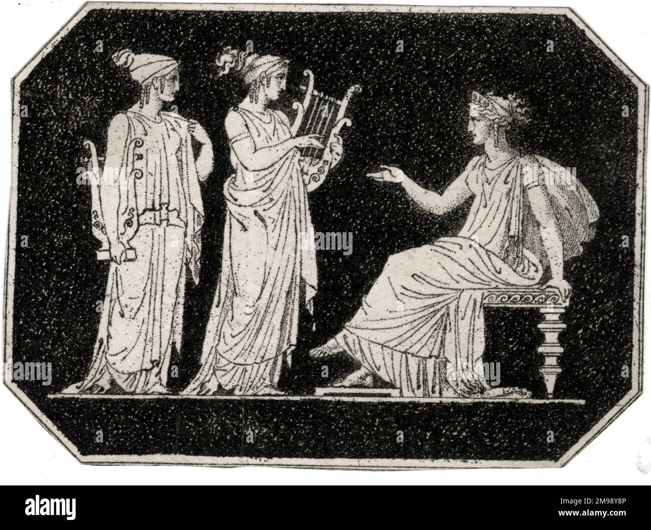 Pittura murale di Pompei - tre donne, due con strumenti musicali. Foto Stock