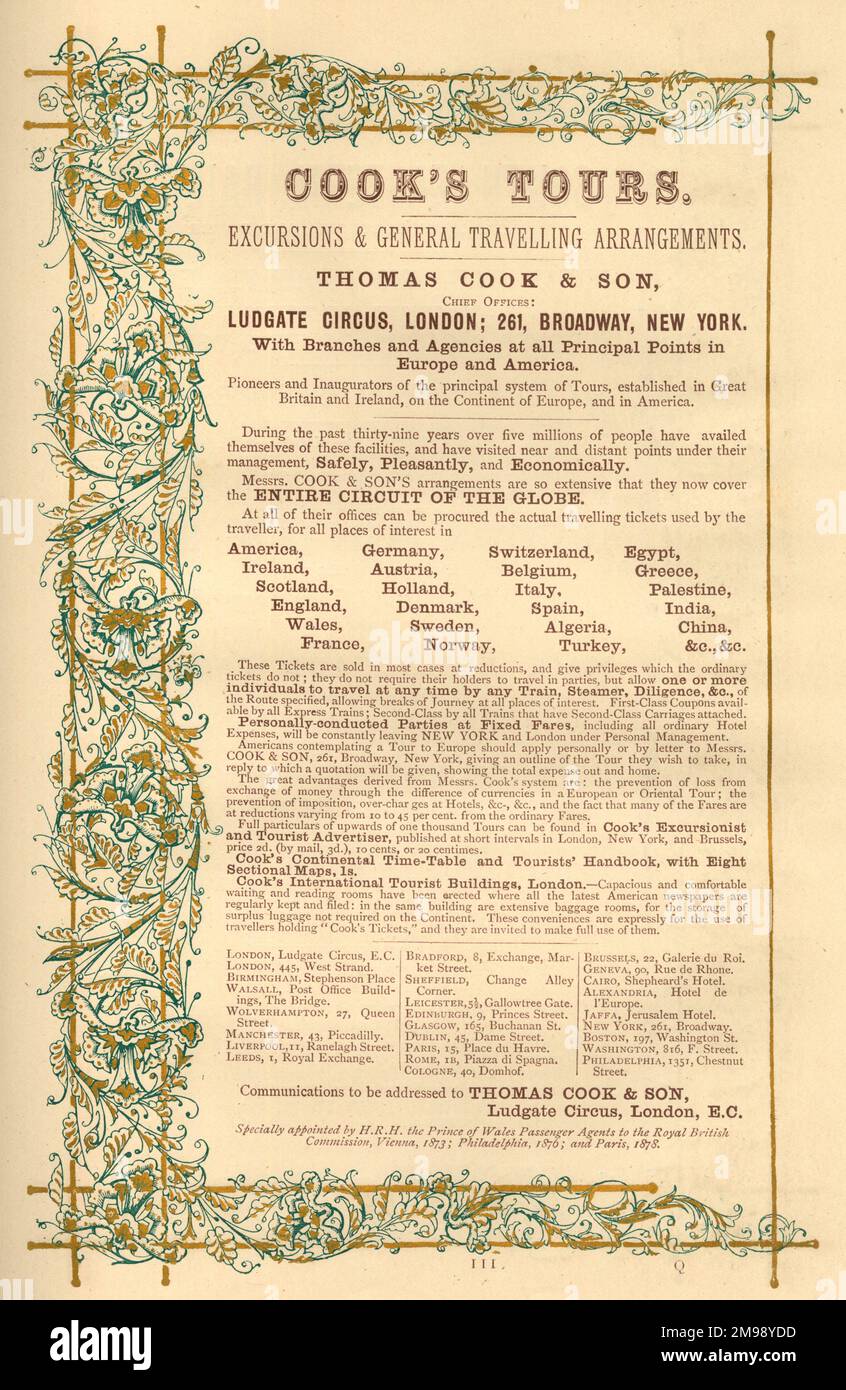 Advert, Thomas Cook's Tours, escursioni e disposizioni generali di viaggio, con una vasta gamma di destinazioni in tutto il mondo. Foto Stock
