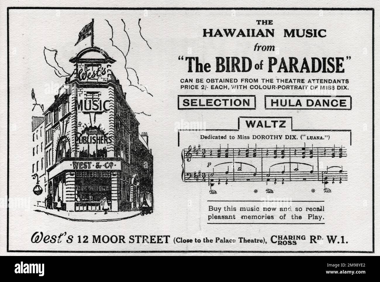 Pubblicità per West's, editori musicali, 12 Moor Street, Charing Cross Road, Londra, Settembre 1919. Con la musica hawaiana di una rappresentazione al Palace Theatre, The Bird of Paradise, con alcuni bar di un valzer dedicato a Miss Dorothy Dix (Luana). Foto Stock