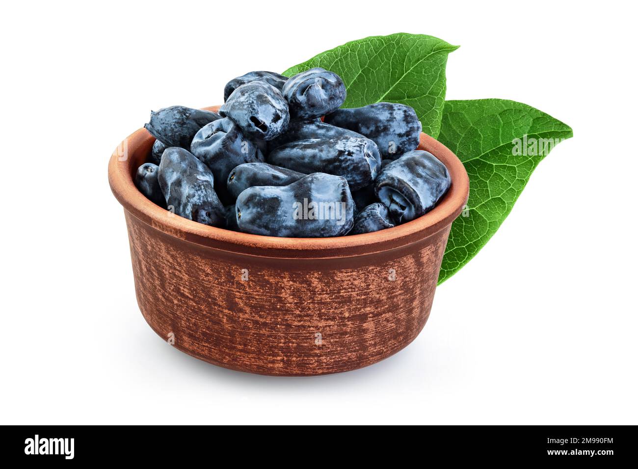 Bacche di miele fresche blu in ciotola di ceramica isolato su fondo bianco con profondità di campo completa Foto Stock