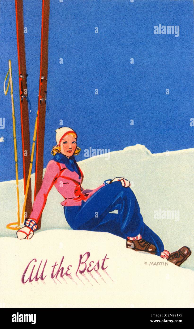 Biglietto di auguri, tutto il meglio, con una giovane sciatrice. Foto Stock