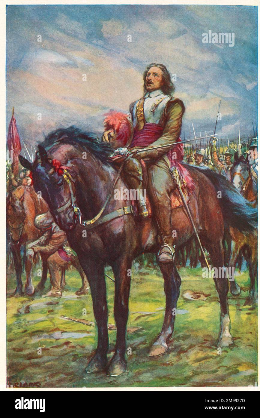 Oliver Cromwell a cavallo, preparandosi ad entrare in battaglia durante la guerra civile inglese. Foto Stock