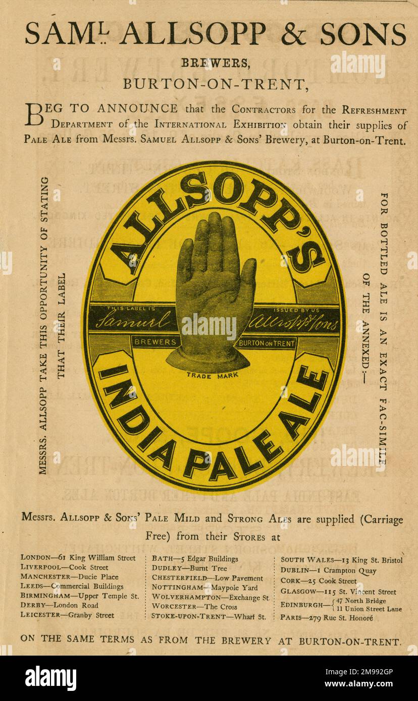 Pubblicità, Samuel Allsopp & Sons, Brewers di Burton-on-Trent, India pale Ale. Foto Stock