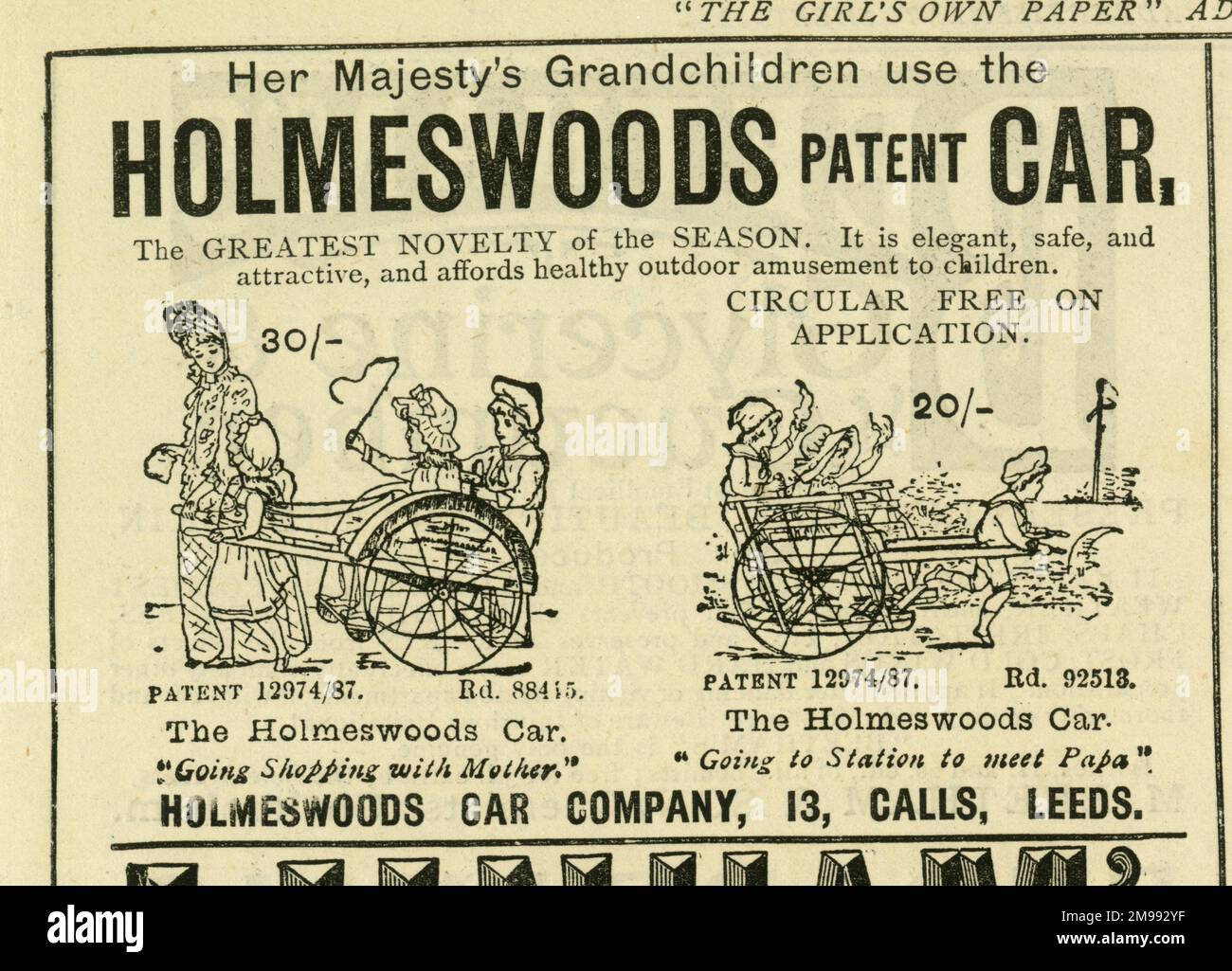 Advert, Holmeswoods Patent Car for Children, ottobre 1888. Foto Stock