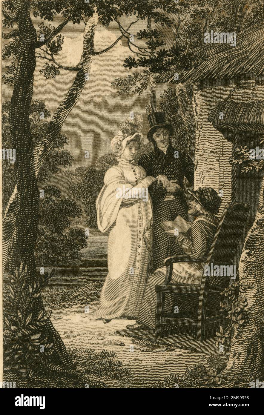 Principessa Charlotte Augusta del Galles e suo marito Principe Leopoldo del Belgio trovando Dame Bewley alla sua porta di casa leggendo la sua vecchia Bibbia. Foto Stock