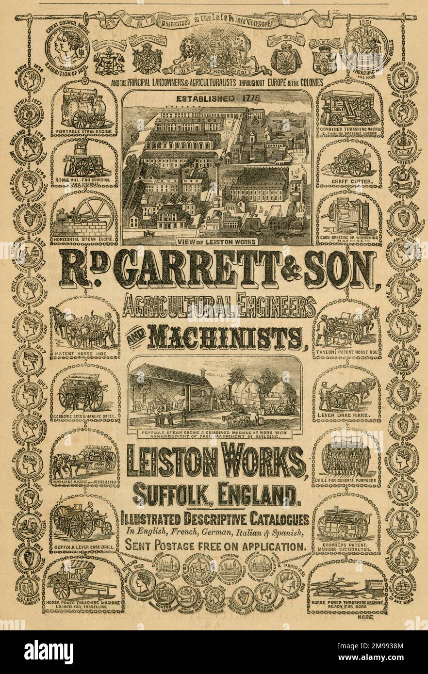 Pubblicità, Richard Garrett & Son, ingegneri agricoli e macchinisti, Leiston, Suffolk. Foto Stock