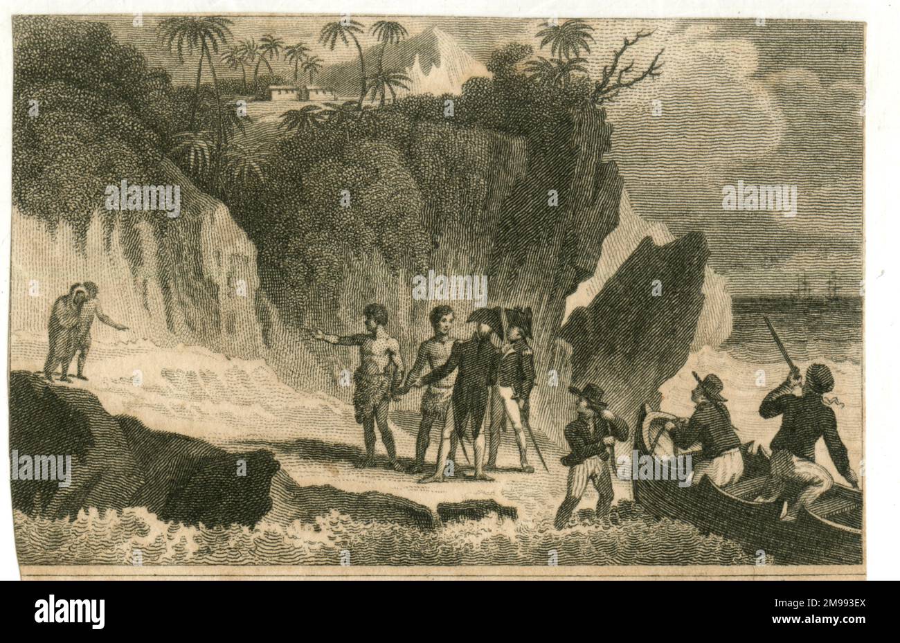 La visita del capitano Sir Thomas Staines e di Philip Pipon all'isola di Pitcairn. Foto Stock