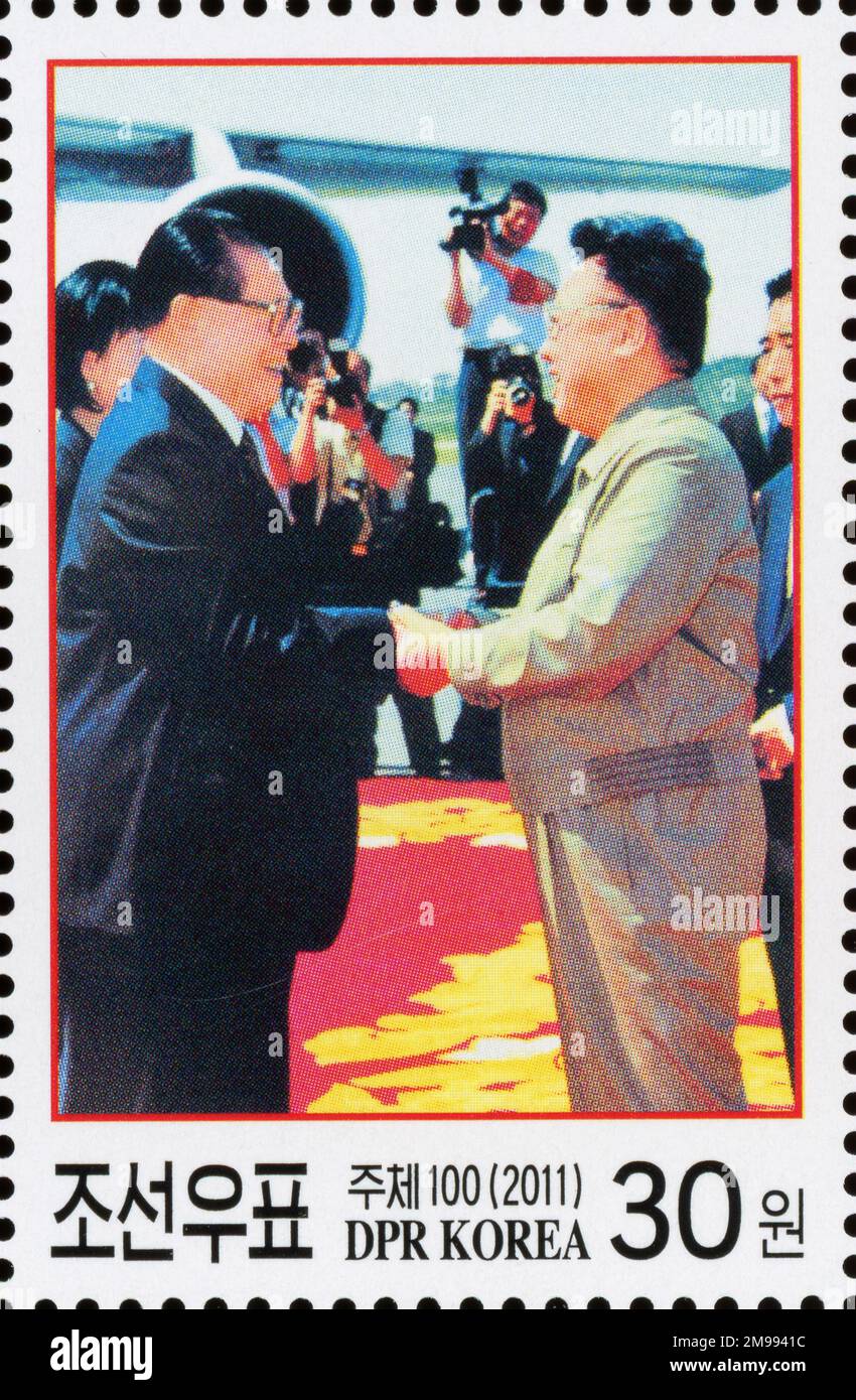 2011 Set di timbri per la Corea del Nord. Questione di amicizia in Cina. Kim Jong il e Jiang Zemin Foto Stock