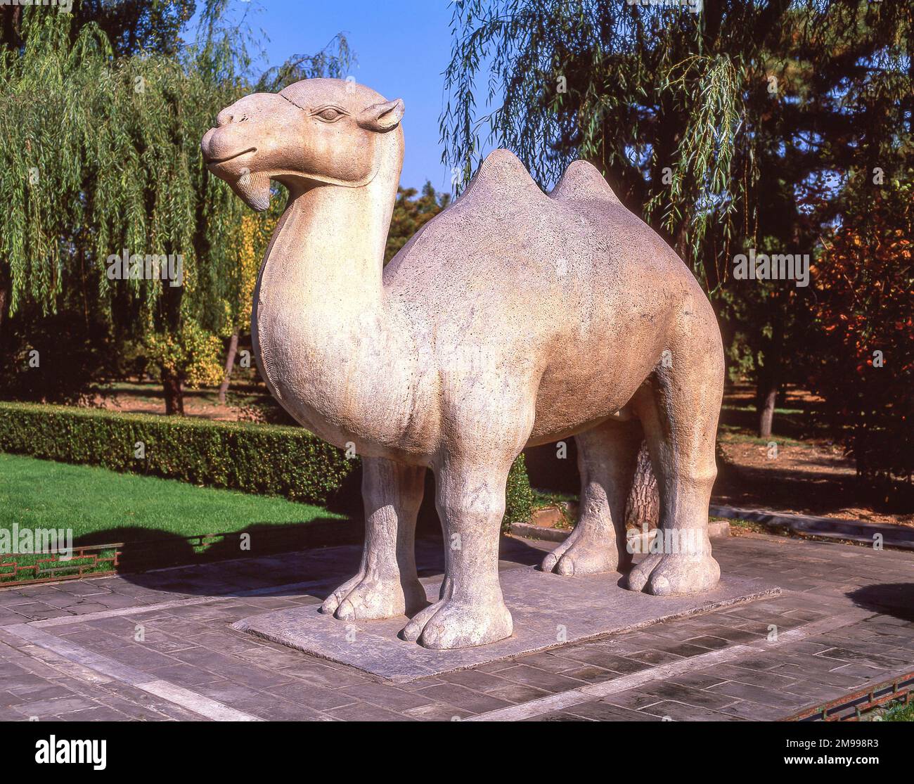 Mitico cammello antica statua creatura, Via Sacra, le tombe Ming, Changping District, Pechino, La Repubblica popolare cinese Foto Stock