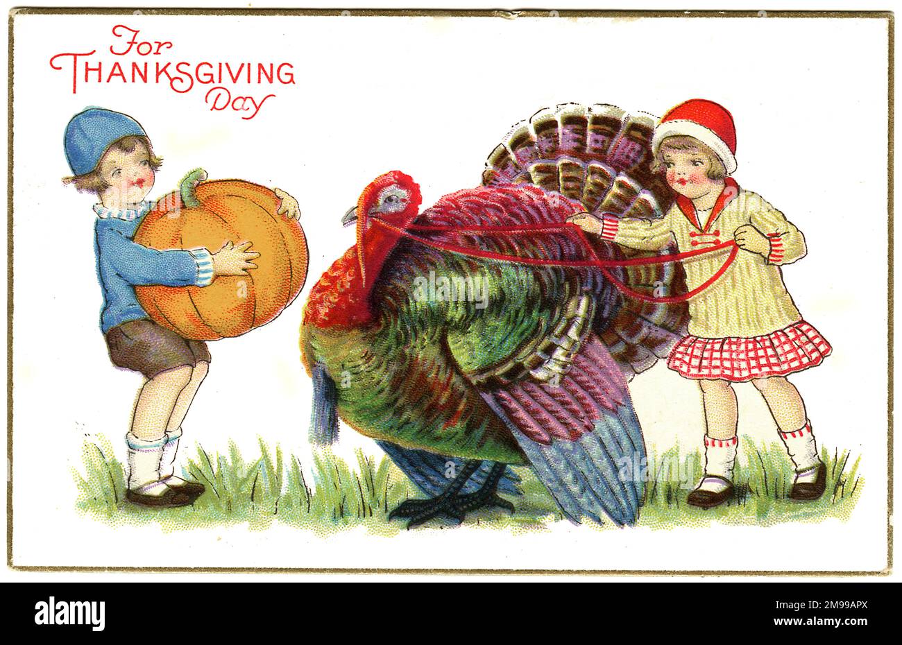 Due bambini con un tacchino e una zucca molto gremita del Ringraziamento Foto Stock